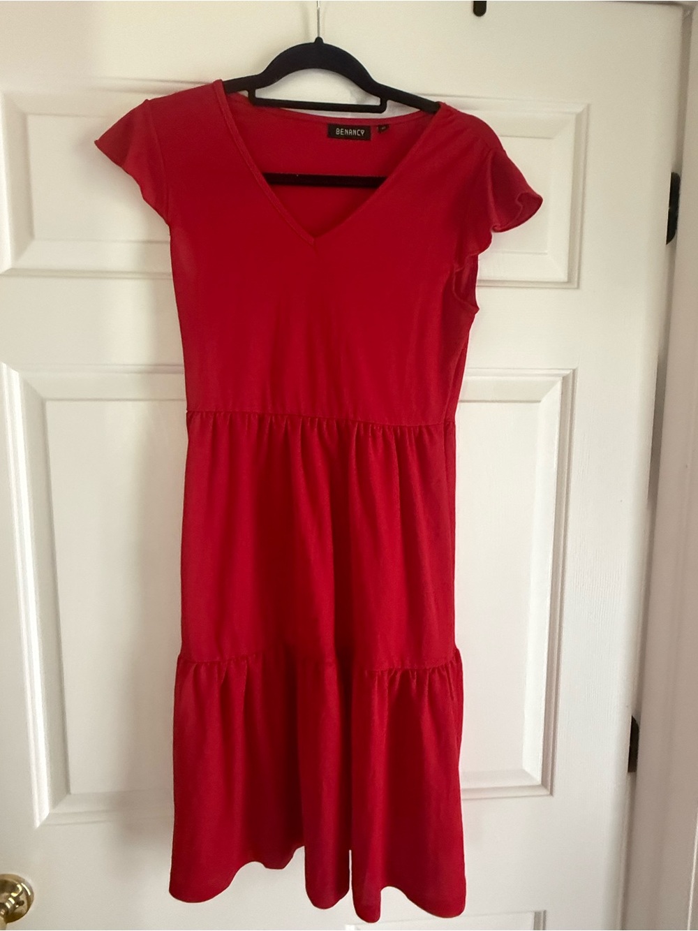 Red V-Neck Tiered Women's Dress